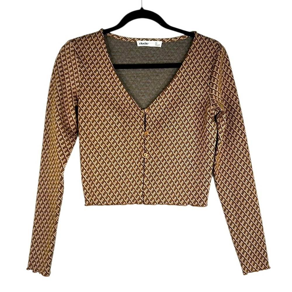 Elodie 70's 90's Y2K Lettuce Hem Cropped V-Neck Boho Long Sleeve Top Size‎ Small